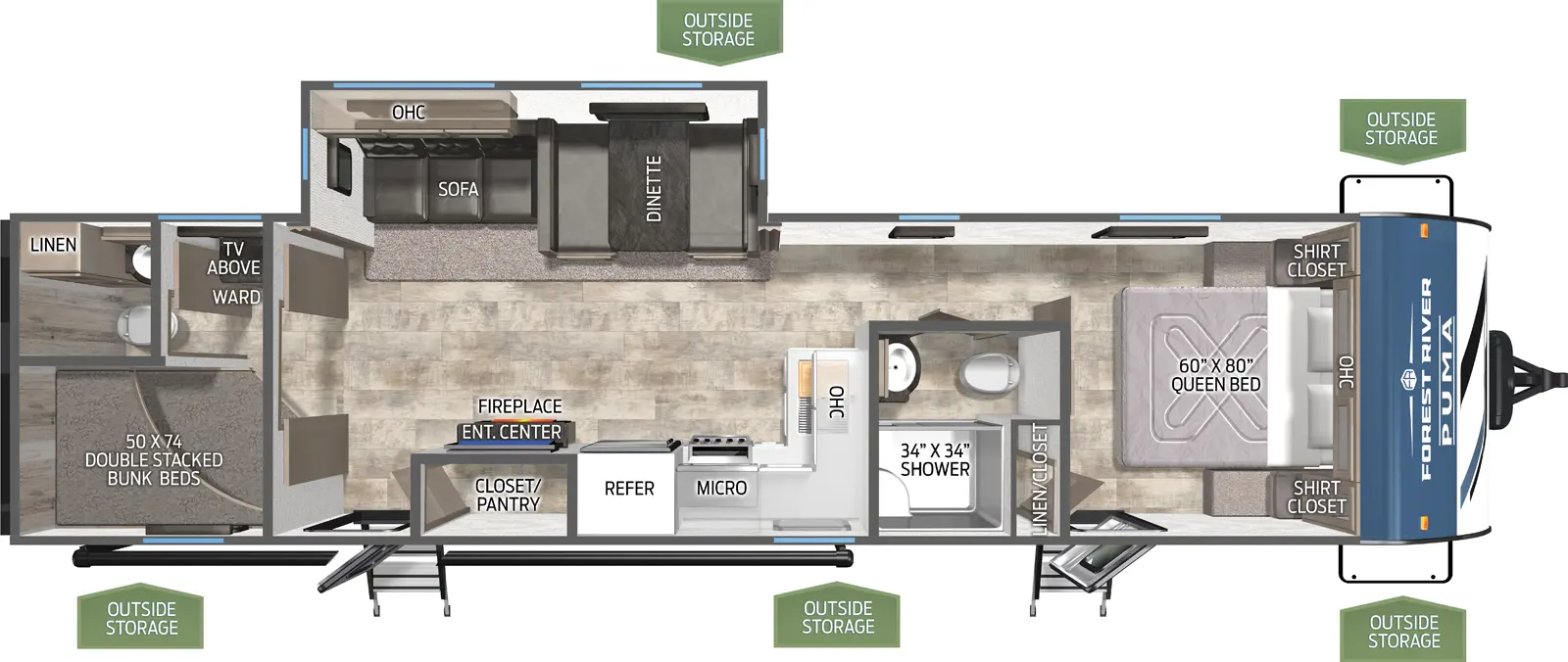 The Puma 29BHQB floorplan has two entries and one slide out. Exterior features include: metal exterior and 19' awning. Interiors features include: bunk beds, front bedroom and bathroom and a half.